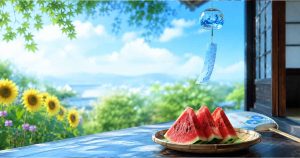 水かとひまわりと縁側。熱中症対策を紹介する記事のアイキャッチ